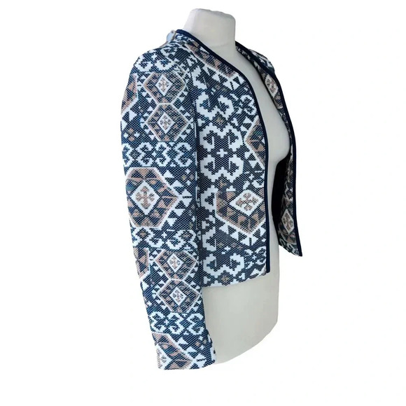 H&M Women's Sz 2 Open Front Blue Blazer Linen Aztec Boho Casual Career - Picture 2 of 8